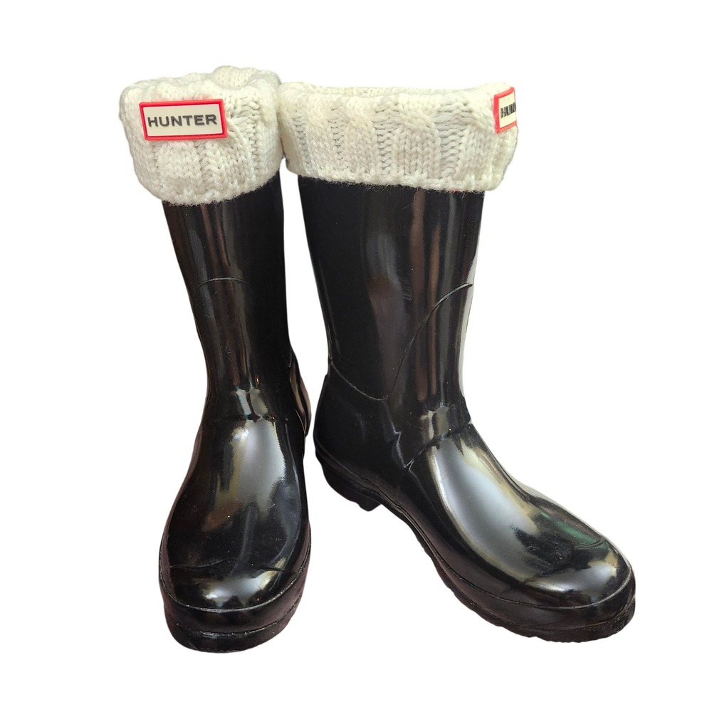 Hunter Original Short Gloss Black Rain Boots with Cable Knit Socks US 8 EU 39